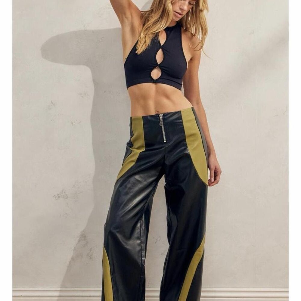 NWT The Ragged Priest Factory Vegan Leather Pants Olive Green Black Swirl Wave 8